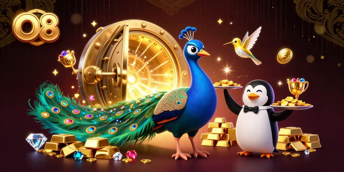 O8 showcases gaming excitement with rich visuals of the casino experience, featuring dynamic characters and treasure elements.