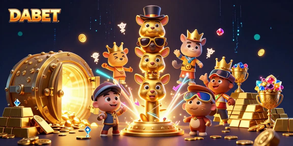 DABET elevates your gaming experience with a vibrant golden treasure vault illustration, showcasing abundant riches and casino flair.