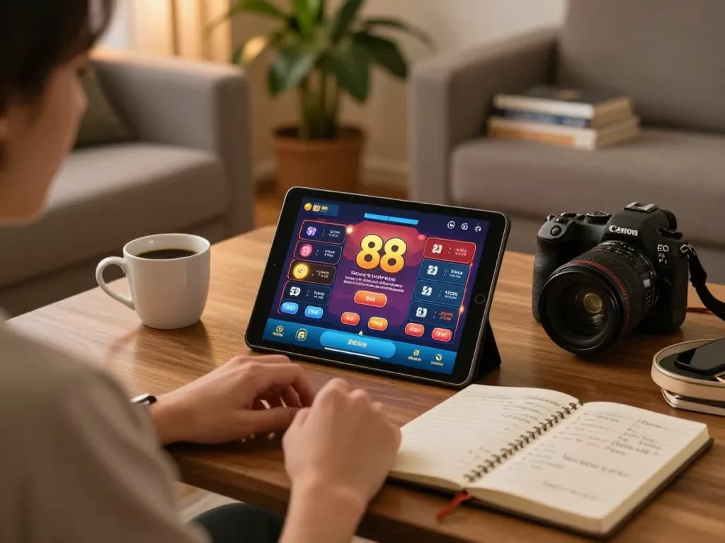 Engaging in strategic Go 88 gameplay on a tablet with a cozy evening atmosphere