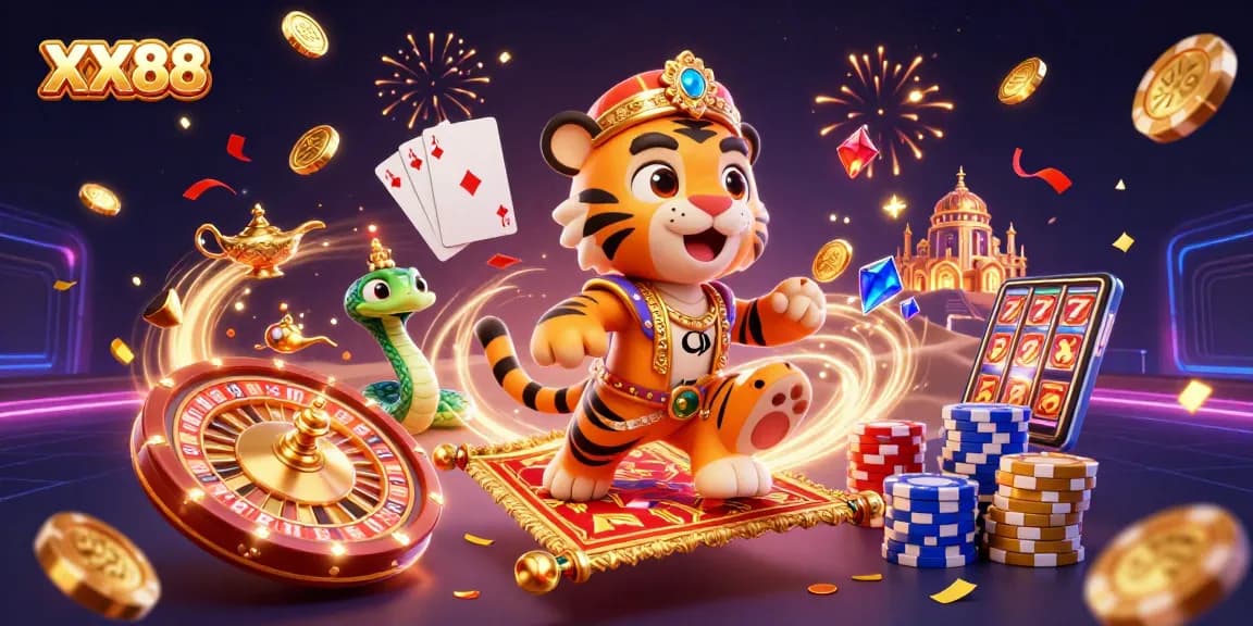 Engage in an exhilarating gaming adventure with XX88 as golden treasures and vibrant casino elements surround an Arabian-themed scene.