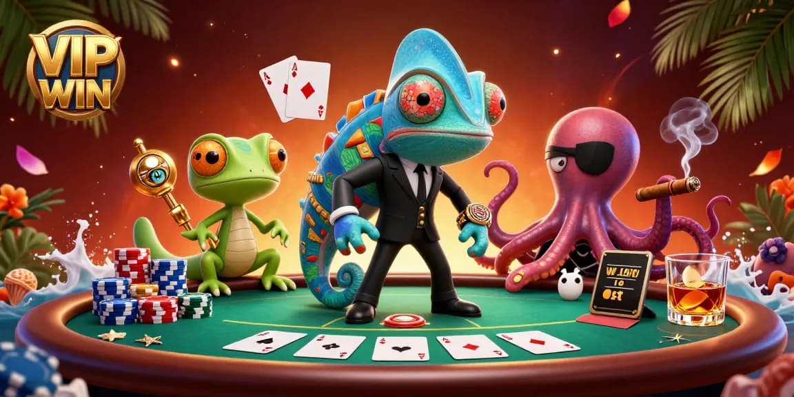 Experience VIPWIN's thrilling poker action with a colorful chameleon agent and whimsical characters.