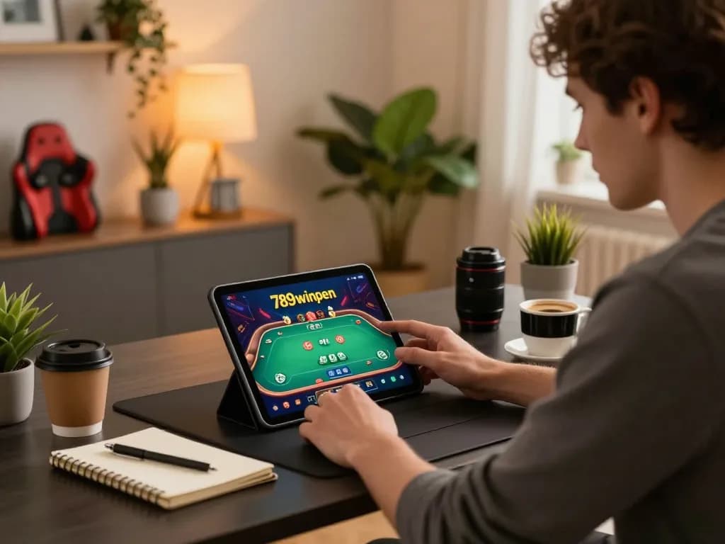 Player enjoying online gaming on 789winpen app, showcasing strategy in cozy home setting.