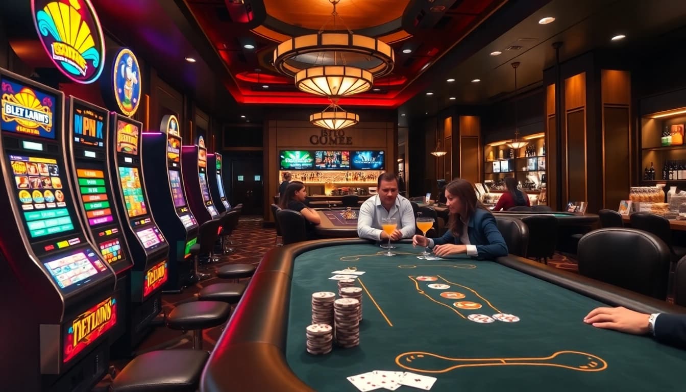 Delighted players engaging in high-stakes gambling at tr88 com's luxurious casino.