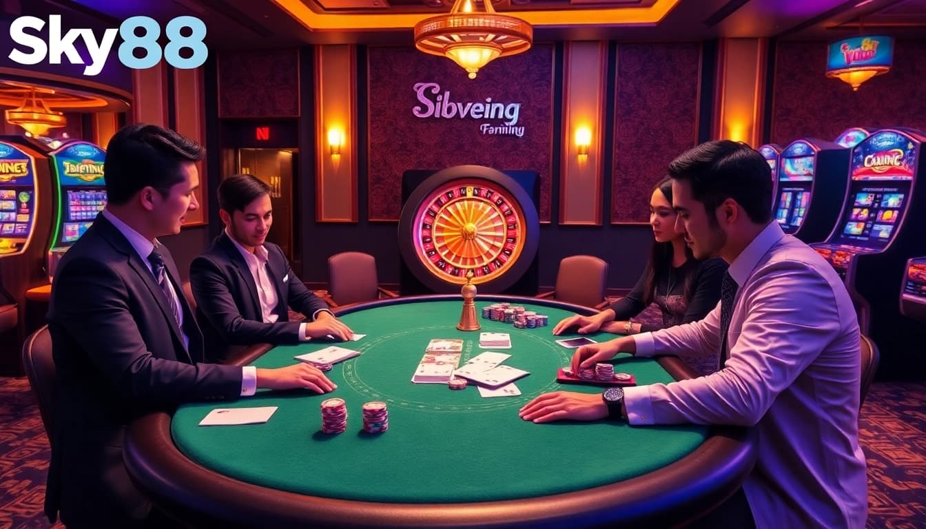 Experience vibrant casino action at https://sky88j.design/ with players enjoying a poker game surrounded by luxury.