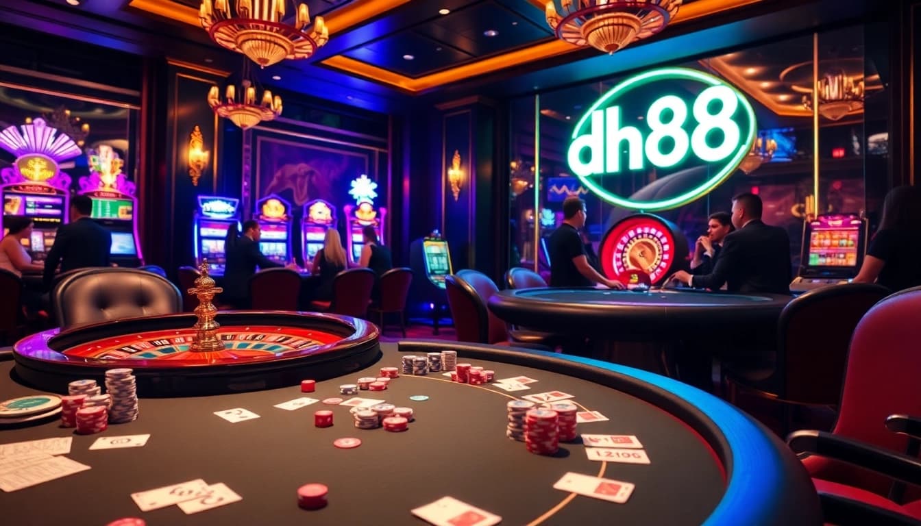 Betting excitement at the casinos with dh88-themed high-stakes poker, roulette, and slot action.