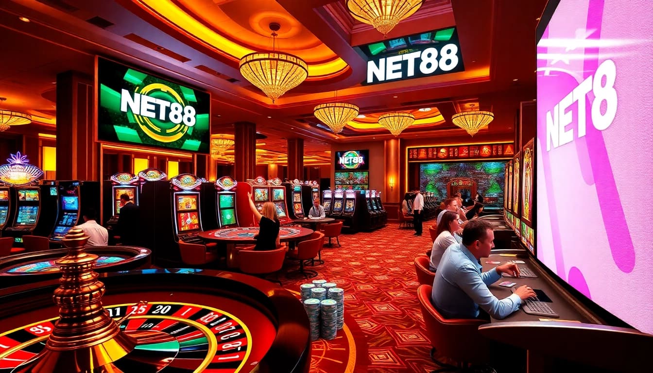 Experience thrilling gameplay at NET88's modern casino with poker chips, roulette wheel, and vibrant slot machines.