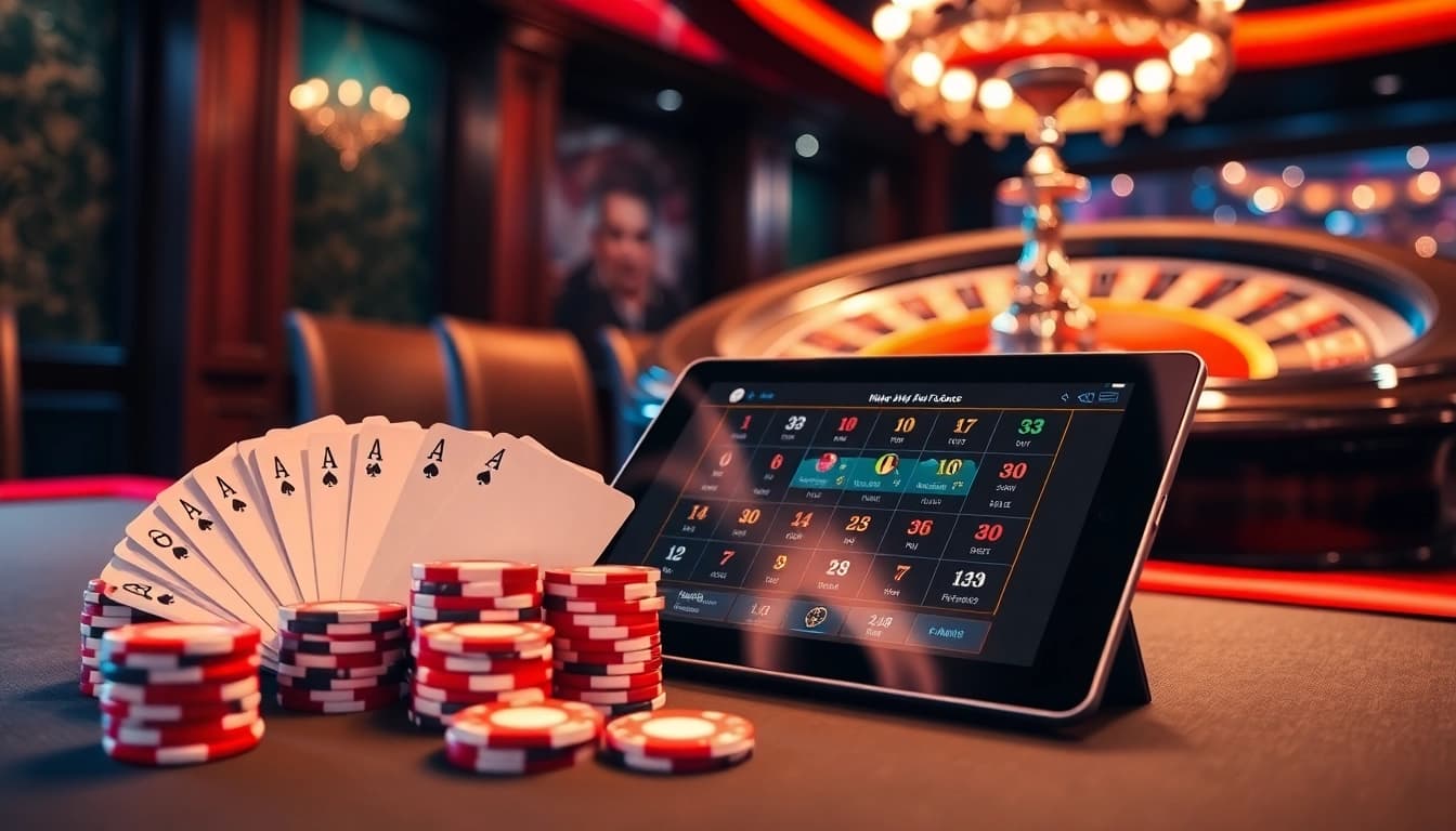 Experience the thrill of high-stakes gaming at https://thabet1.net/ with vibrant casino elements showcasing poker chips and roulette wheels.