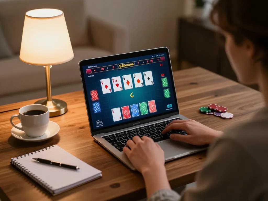 Engaging in online poker gameplay with luck8 app on laptop, depicting strategic betting environment.