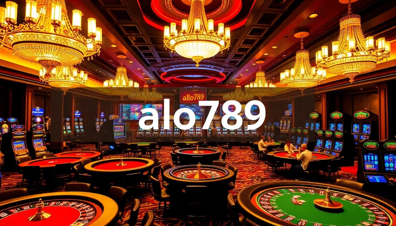 A vibrant casino scene featuring alo789 branding with players enjoying poker and roulette games.