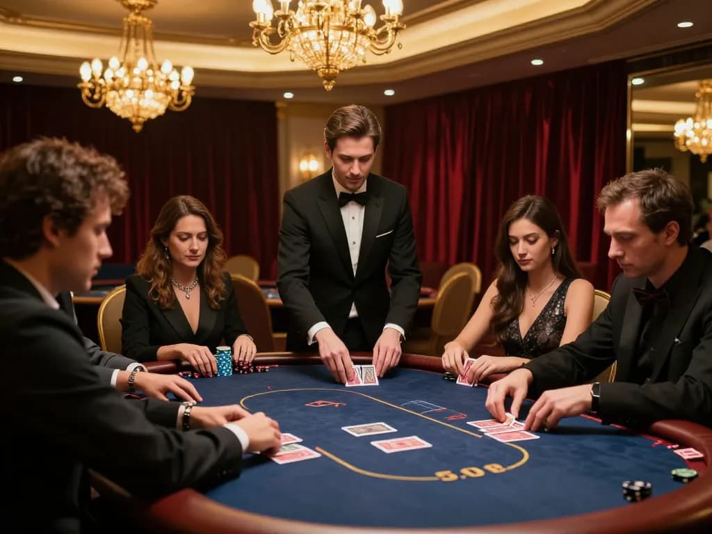 KJC high-stakes poker game in a luxury casino, with players focused on their cards.