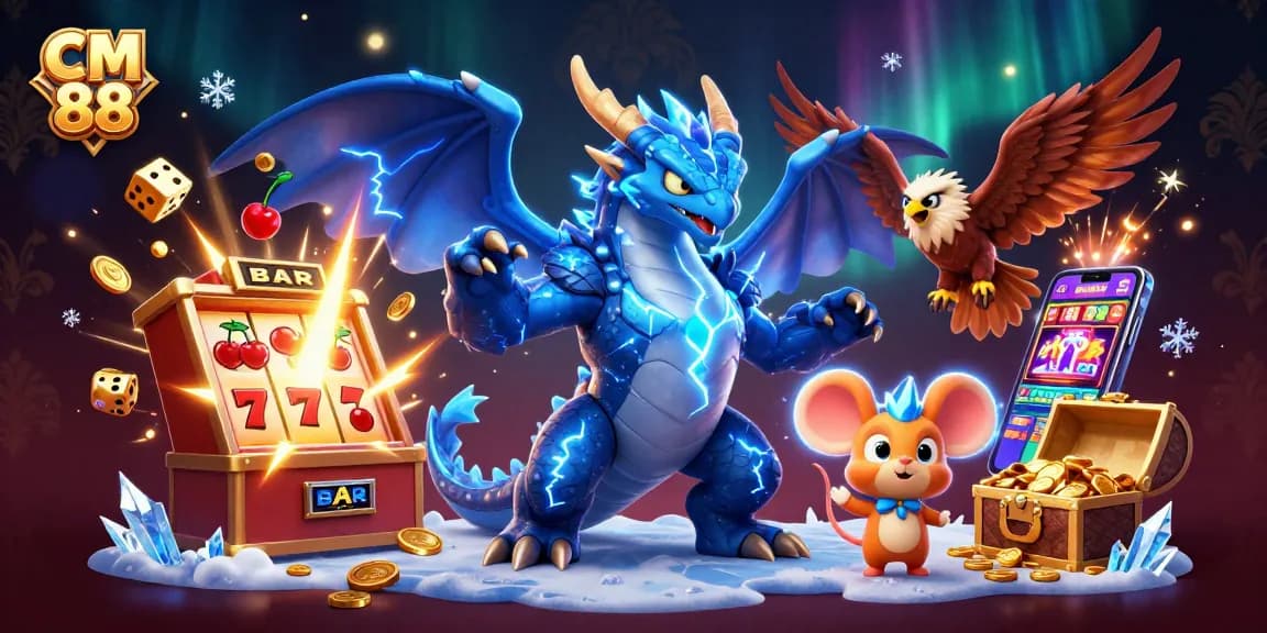 Experience the thrill of gaming with CM 88's vibrant casino illustration featuring dragons and prizes.