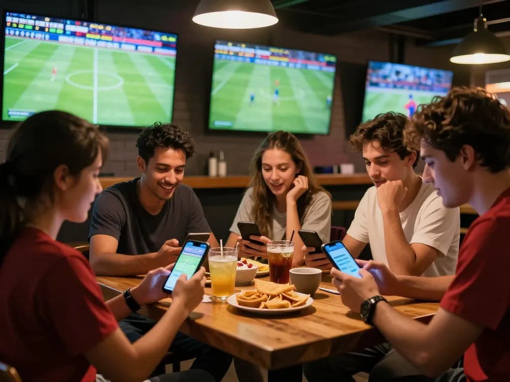 Friends engaging in soccerbetting while watching a live soccer game on multiple screens at a sports bar.
