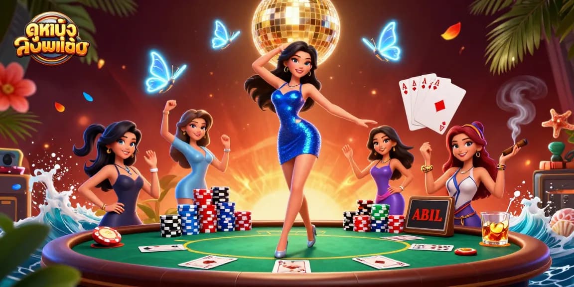 Engage with ดูหนังออนไลน์ while enjoying vibrant casino-themed visuals of a glamorous woman and poker elements.