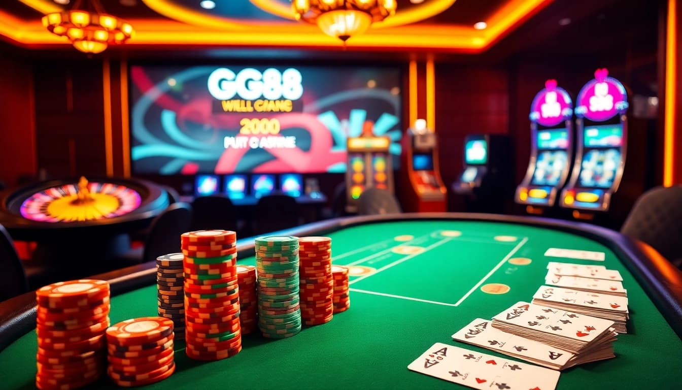Play and win big with GG88 at a luxury casino featuring poker tables and roulette wheels.