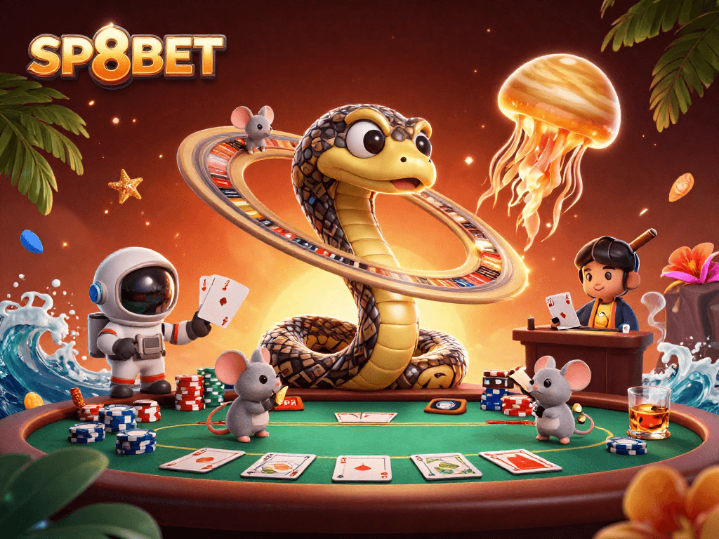 Engage in thrilling bets with SP8BET's unique casino-themed cosmic roulette illustration.