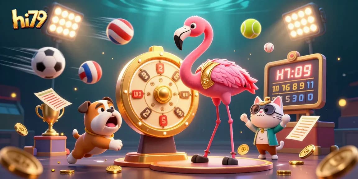 hi79 spins to victory as an excited bulldog celebrates huge casino prize wins amid flying sports elements.