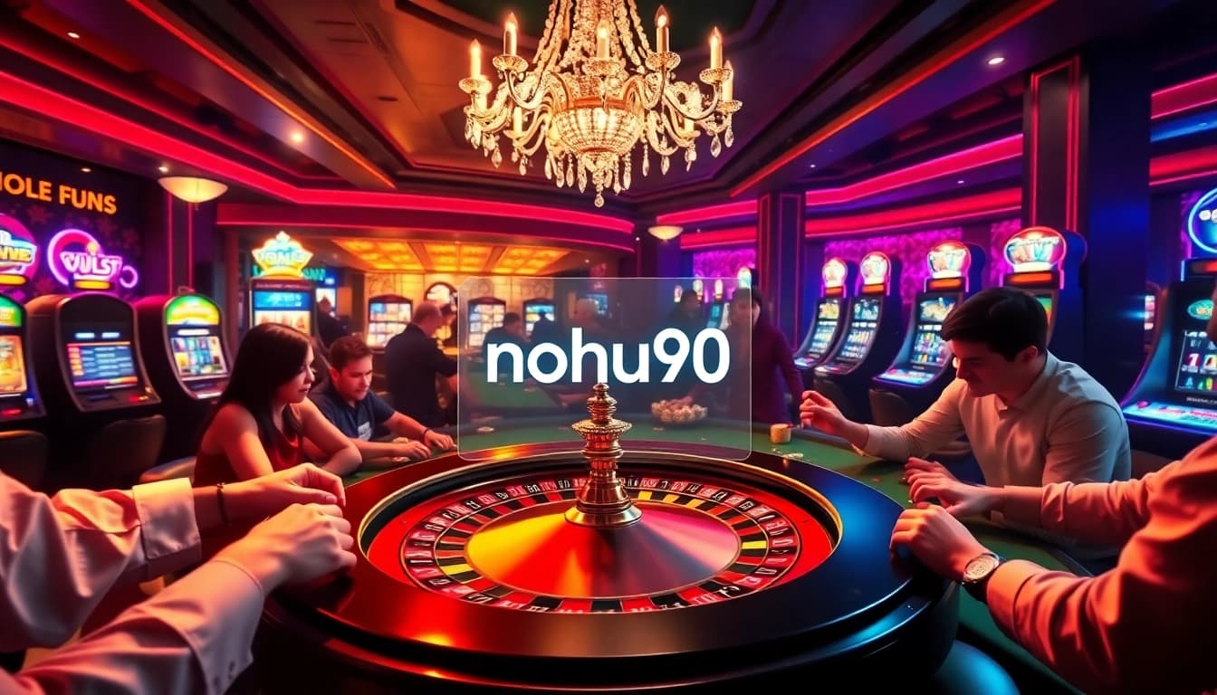 Excited players engaged in placing bets at a roulette table, highlighting nohu90's thrilling casino experience.
