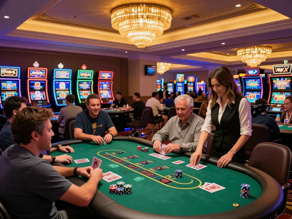 Experience dynamic gameplay at VMAX casino with players engaged at blackjack tables and vibrant slot machines.