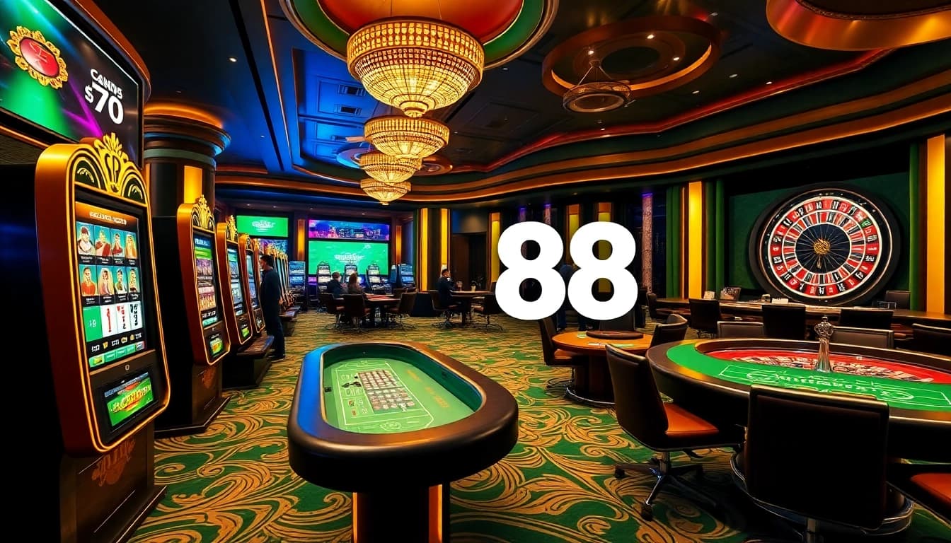 Exciting gambling action at GO88 with vibrant slot machines and poker tables.