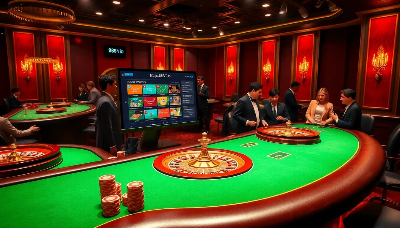 Experience the excitement of online gambling with www.888vi.io featuring vibrant casino tables, poker chips, and roulette wheels.