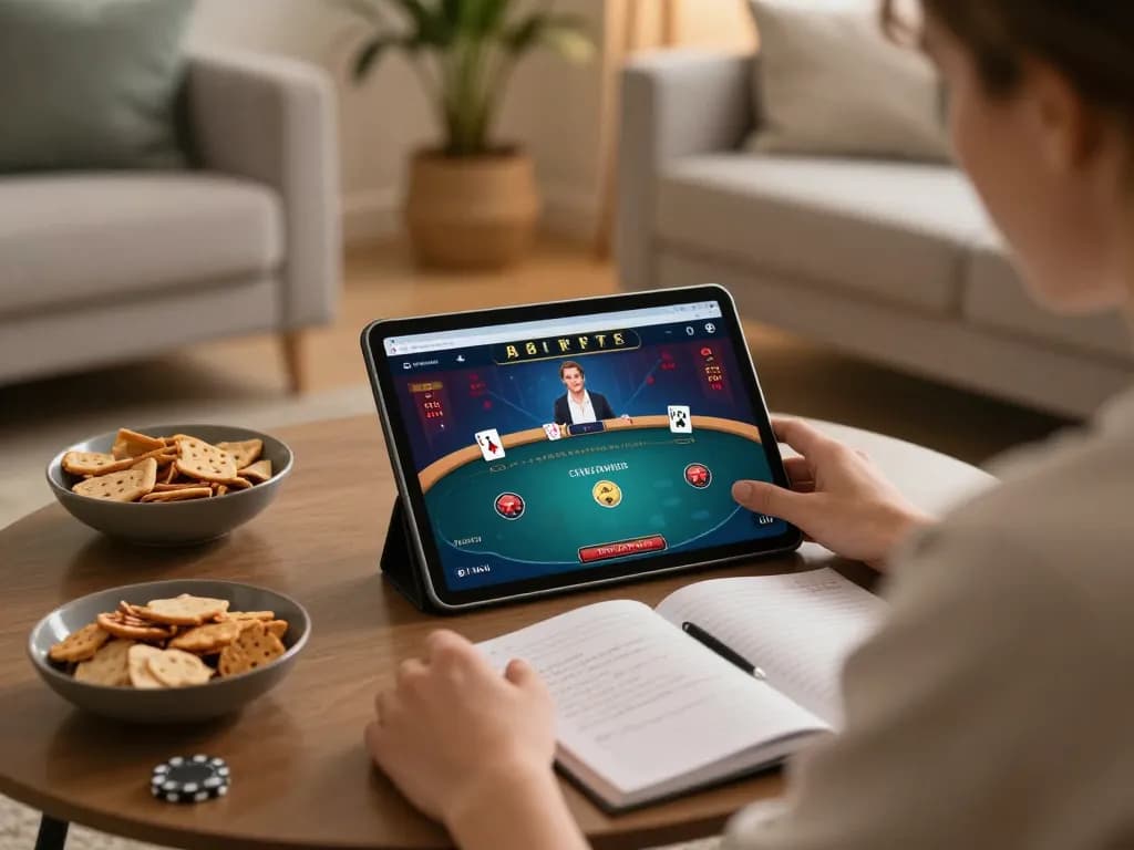 Engaged player strategizing poker at home with JUN88 app on tablet, cozy atmosphere.