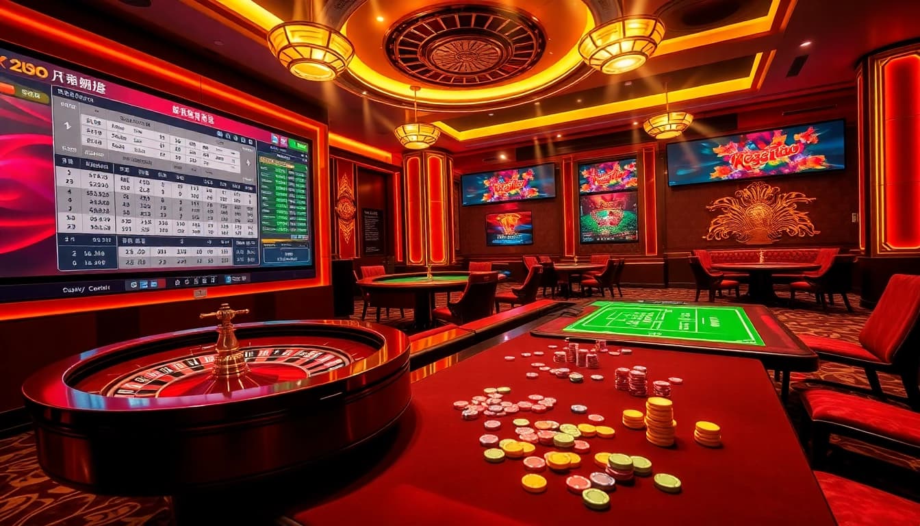 Kèo Bong88 betting scene showcasing excitement with odds, roulette wheel, and poker chips.
