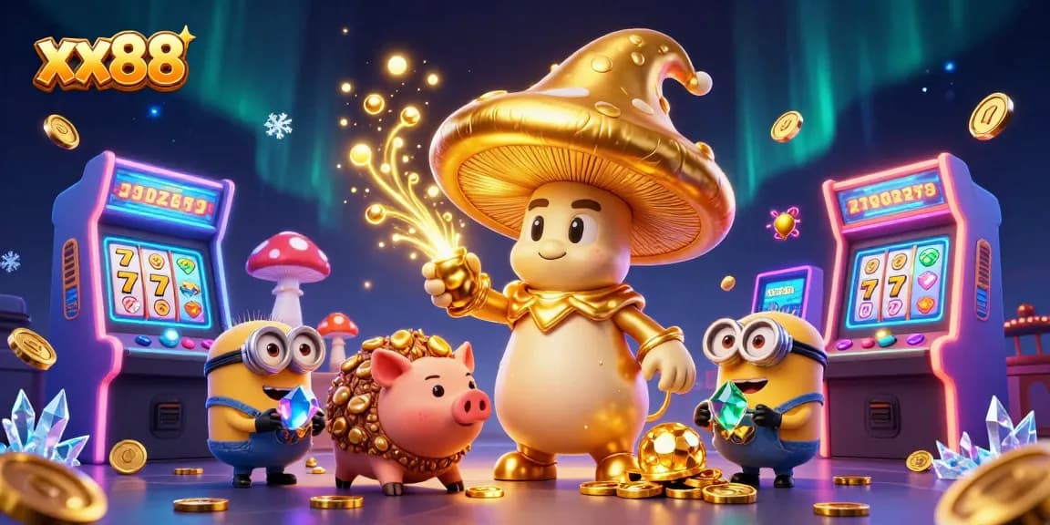 Experience the magic of xx88 with a cartoon wizard and golden treasures in a dynamic casino scene.
