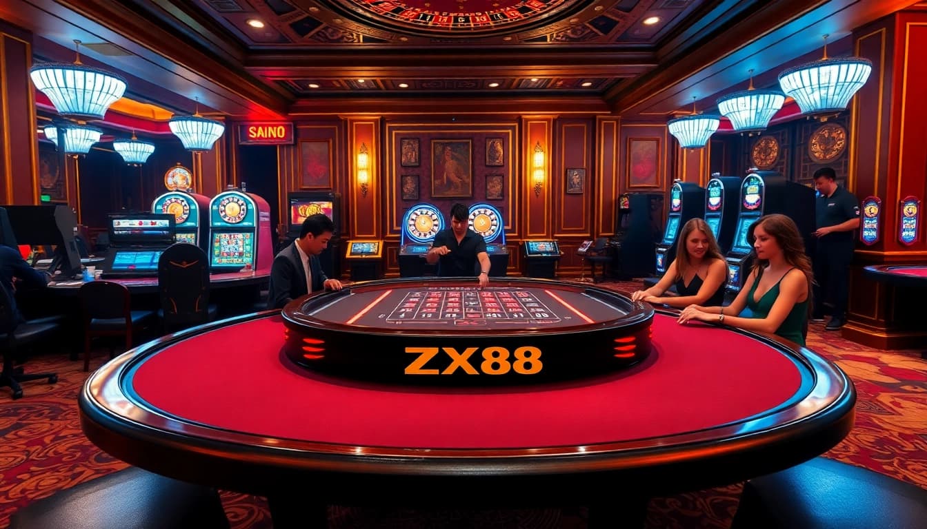 Players enjoy a thrilling gaming experience at ZX88's luxurious casino table.
