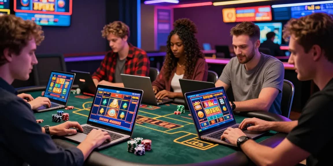 A dynamic scene showcasing players enjoying casino non UK games on laptops and tablets, emphasizing an immersive online gaming experience.