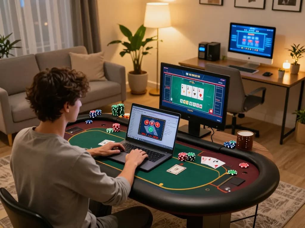 uu88 player engaging with online poker game in a cozy home office setting.