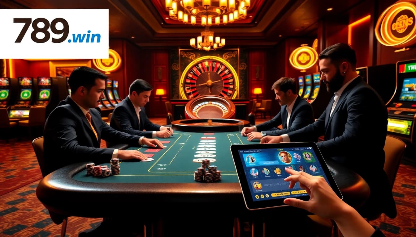 Players strategizing at a poker table in a luxurious casino setting on 789win. com.