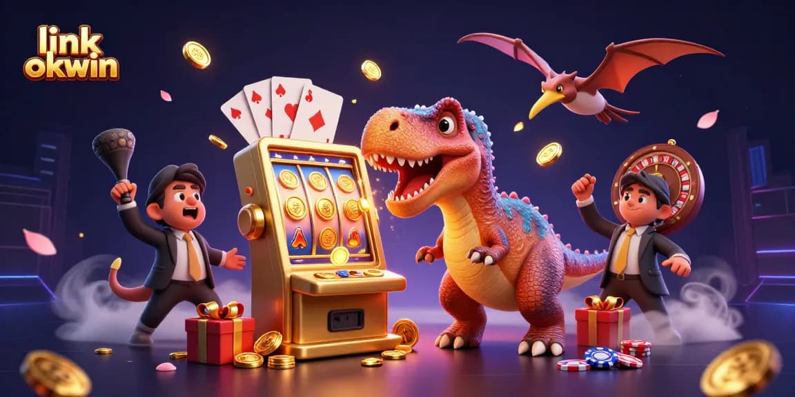 Experience thrilling wins with link okwin as dinosaurs celebrate jackpot payouts together in a dynamic casino scene.