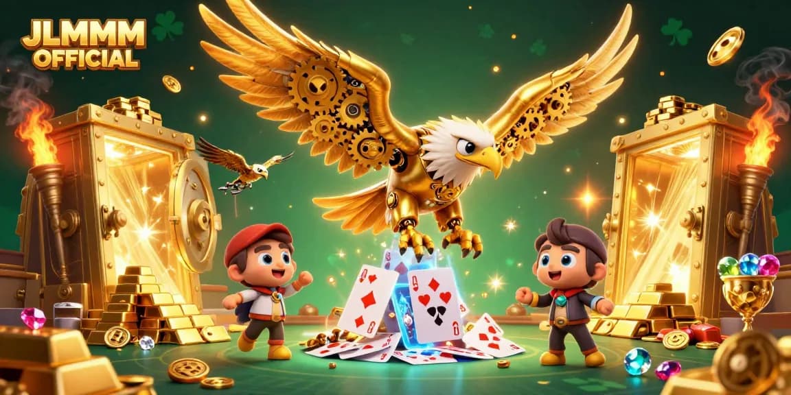 Experience the excitement of JLMMM OFFICIAL with a vibrant 3D illustration capturing golden treasures and casino thrills.