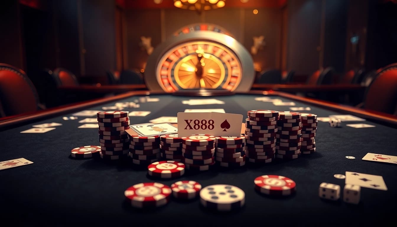 Engaged players at a luxurious XX88-themed casino poker table, featuring vibrant chips and cards.