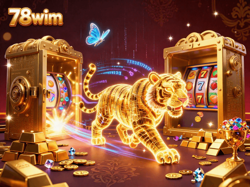 Experience excitement with 78wim in a vibrant casino scene featuring a golden tiger and treasures.