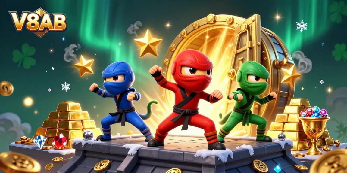 V8AB - Ninja chameleons executing martial arts over a treasure vault in an online casino setting.