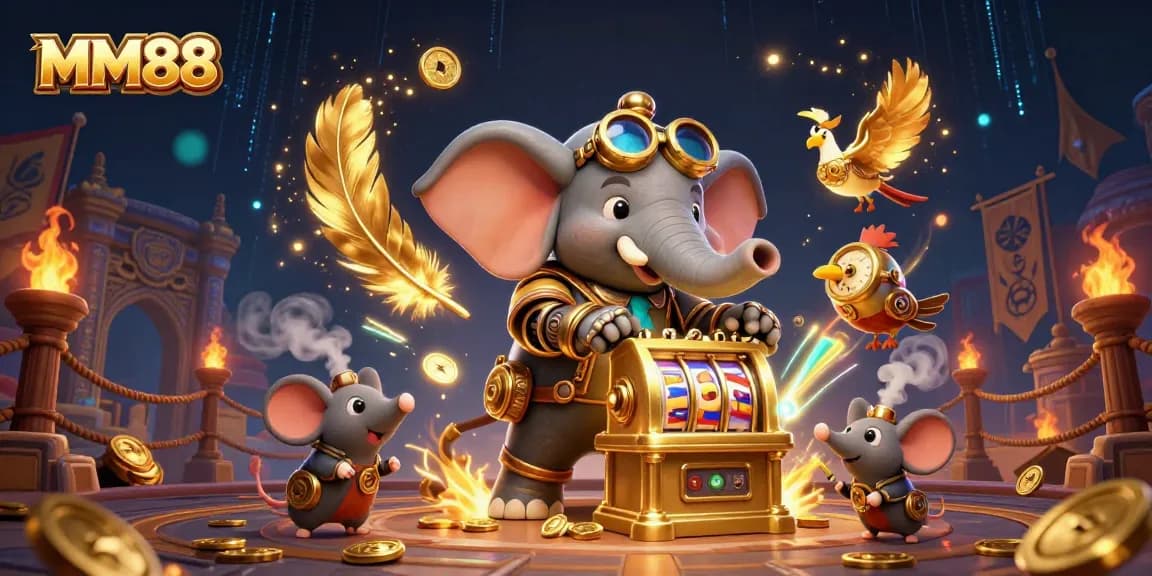 Engage with MM88's thrilling 3D illustration of a steampunk elephant operating a slot machine amidst vibrant casino elements.