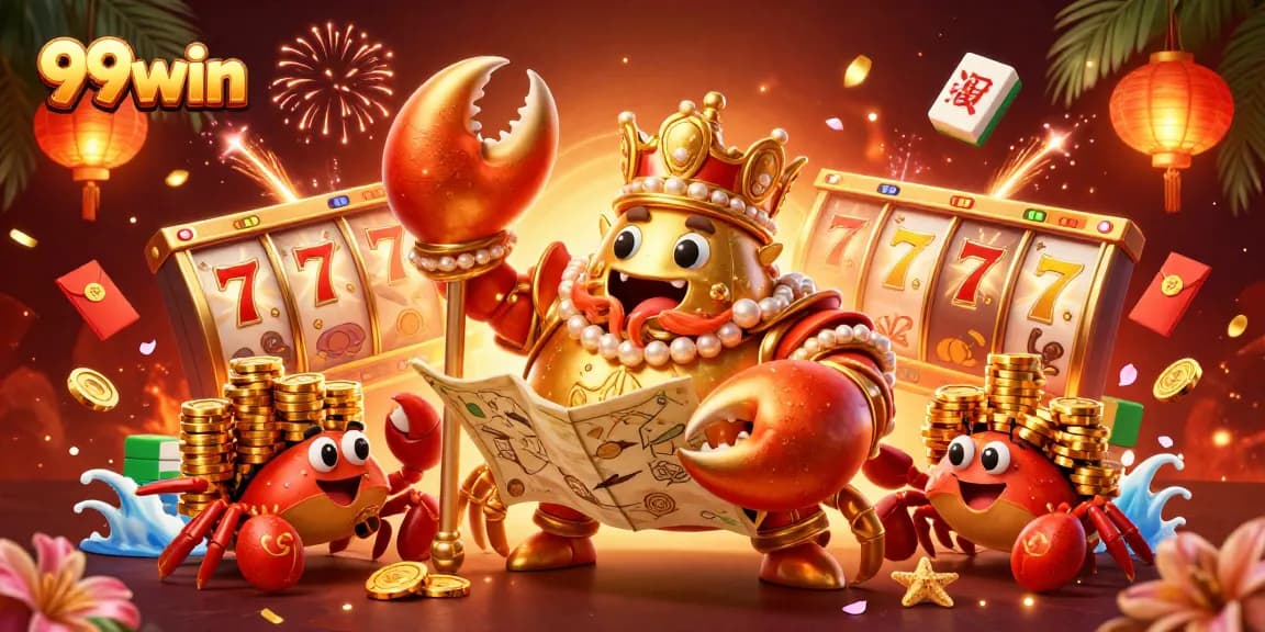 Experience the thrill of 99win with an emperor crab leading a vibrant casino adventure.
