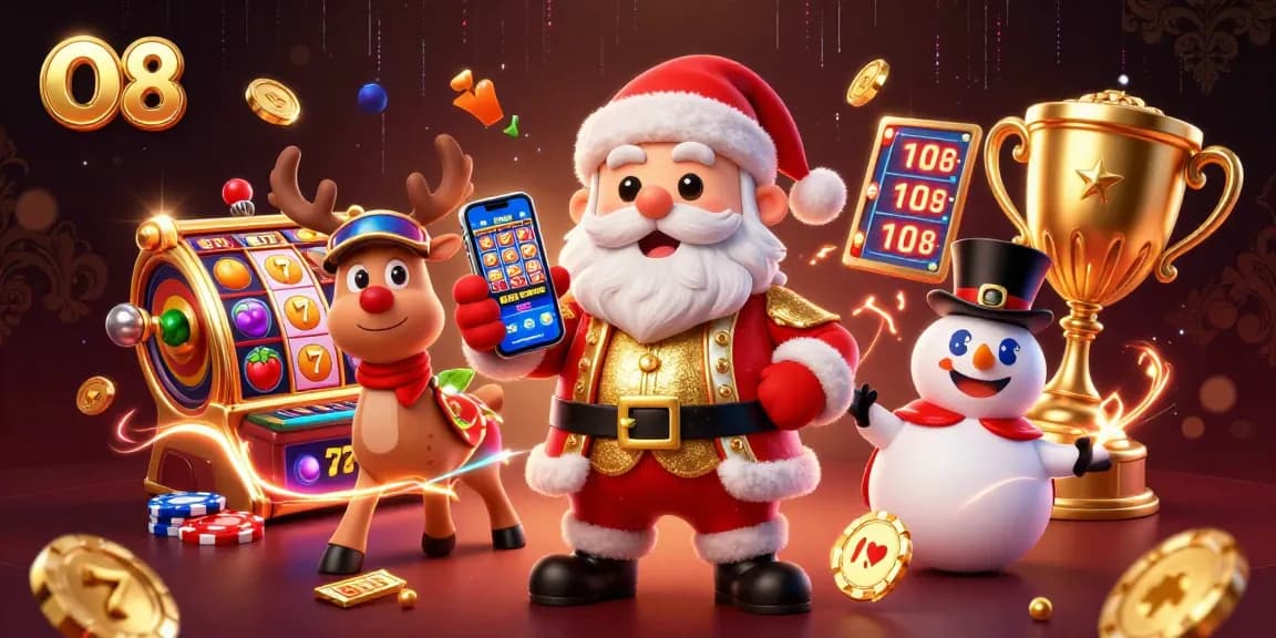 Spin the reels with O8's vibrant casino scene featuring Santa and his festive companions.