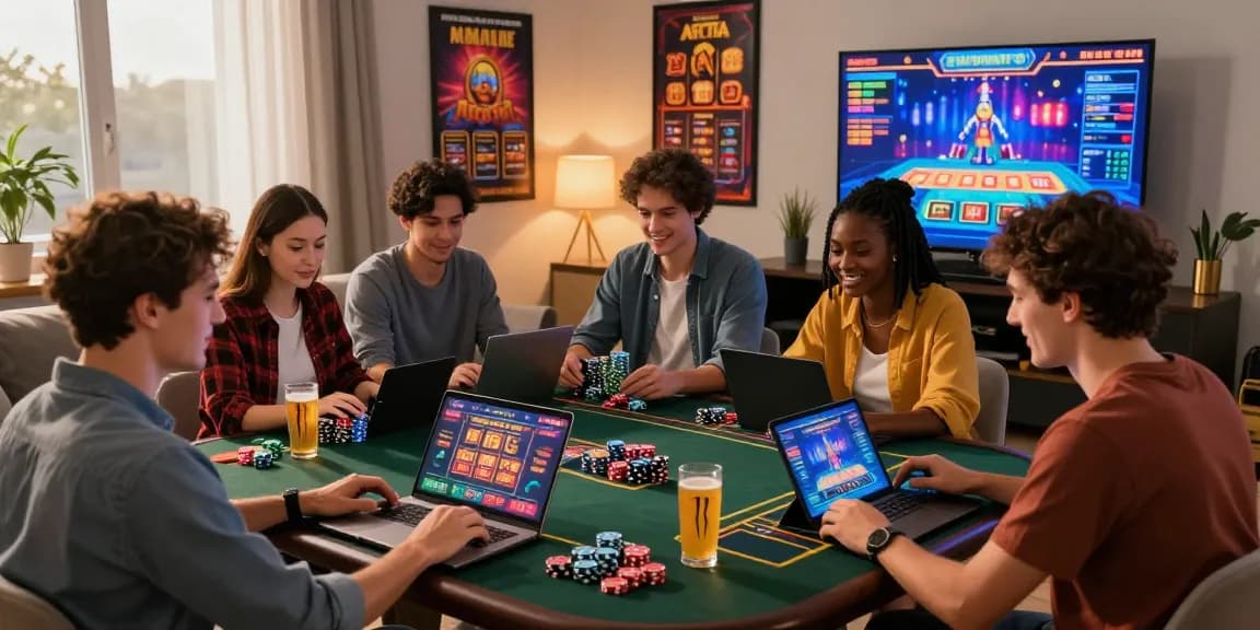 Players excitedly enjoying non uk casinos at https://cocomaya.co.uk/non-uk-casinos/ with laptops, chips, and vibrant game posters in a cozy living room.