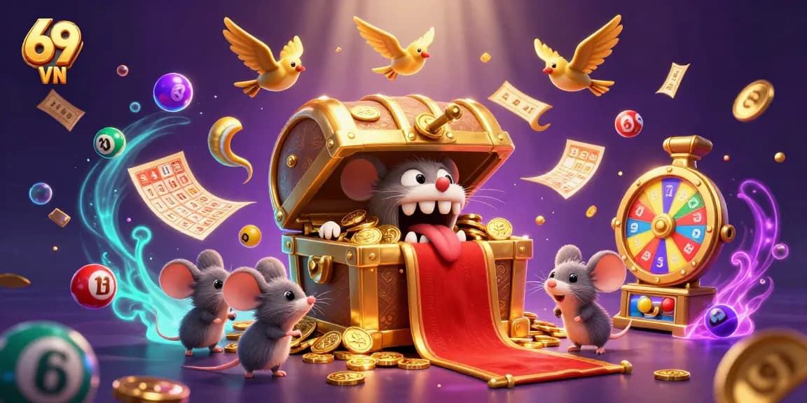 Experience the excitement of 69 VN with adventurer mice discovering riches amidst lottery balls and golden treasures.