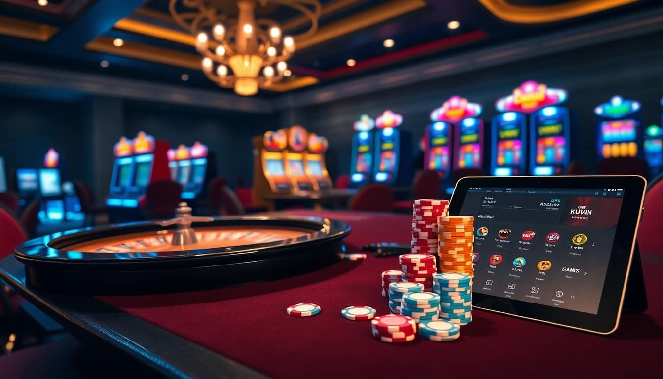 Experience high-stakes excitement at KUWIN's luxurious casino tables surrounded by vibrant slot machines.