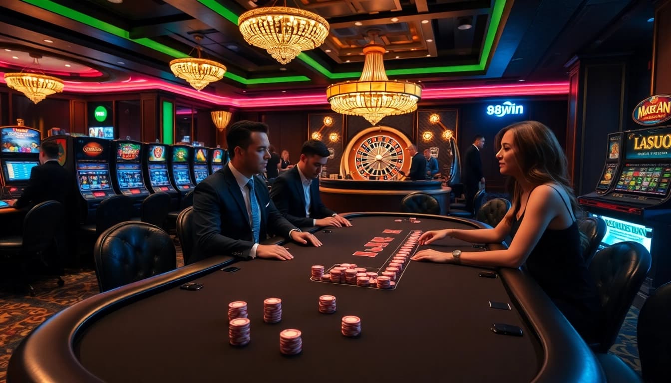 Experience high-stakes excitement at the 98win vin casino with elegant poker players and vibrant gaming tables.