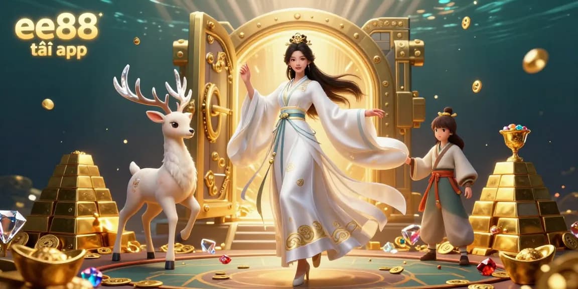 Experience the thrill of gambling with ee88 tải app, showcasing a vibrant 3D scene filled with treasures and excitement.