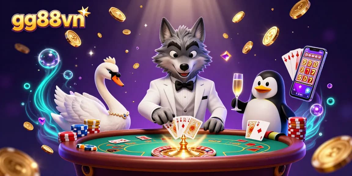 Experience excitement at gg88vn with a cartoon wolf at baccarat, gems, and golden coins.