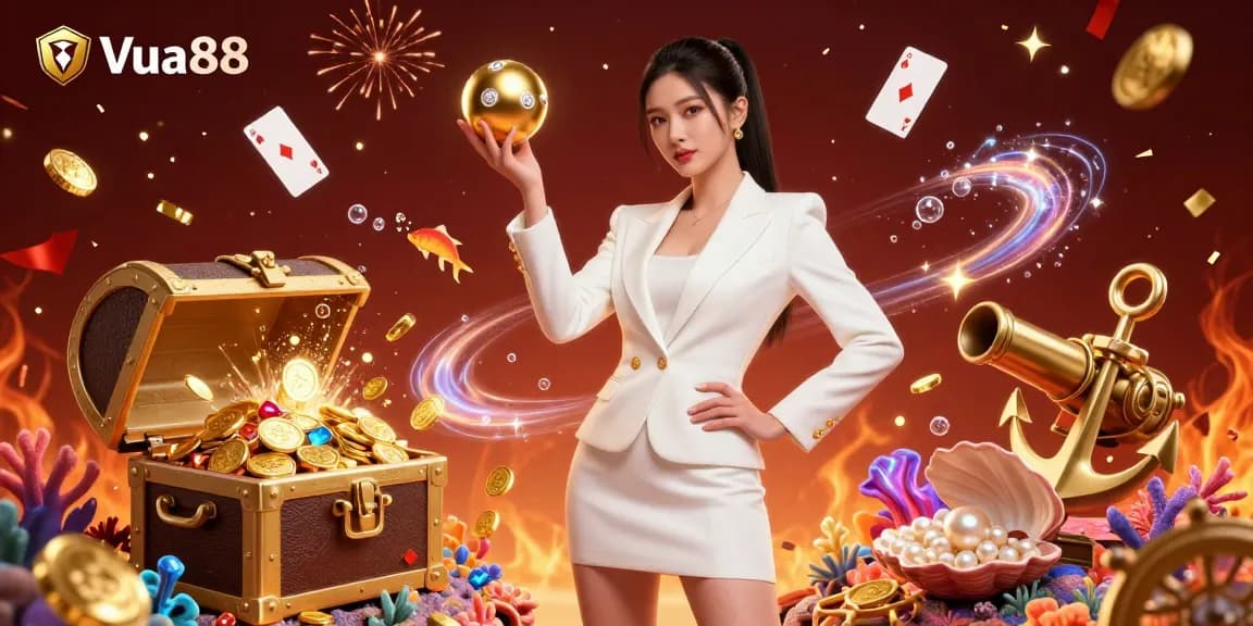 Engage with Vua88 as a stylish Asian woman holds a golden roulette ball amid glamorous casino elements.