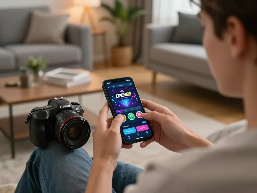Engaged player using OPEN88 app for online betting in a cozy living room setting