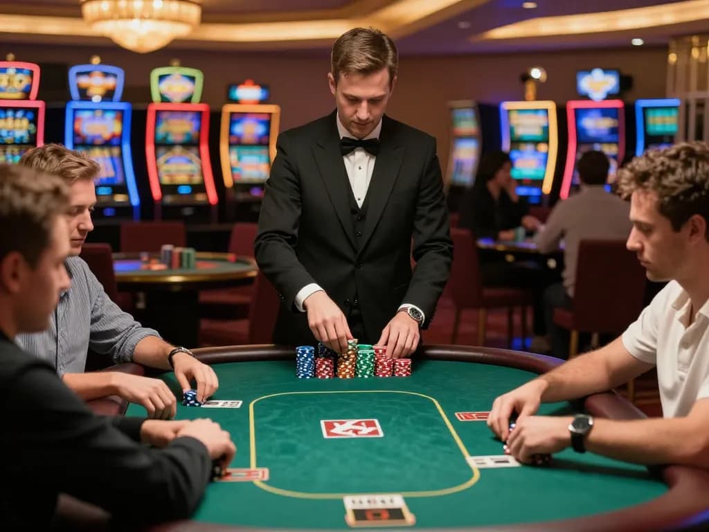 Engaging poker game scene at a luxury casino featuring SC888 with focused players and dealer
