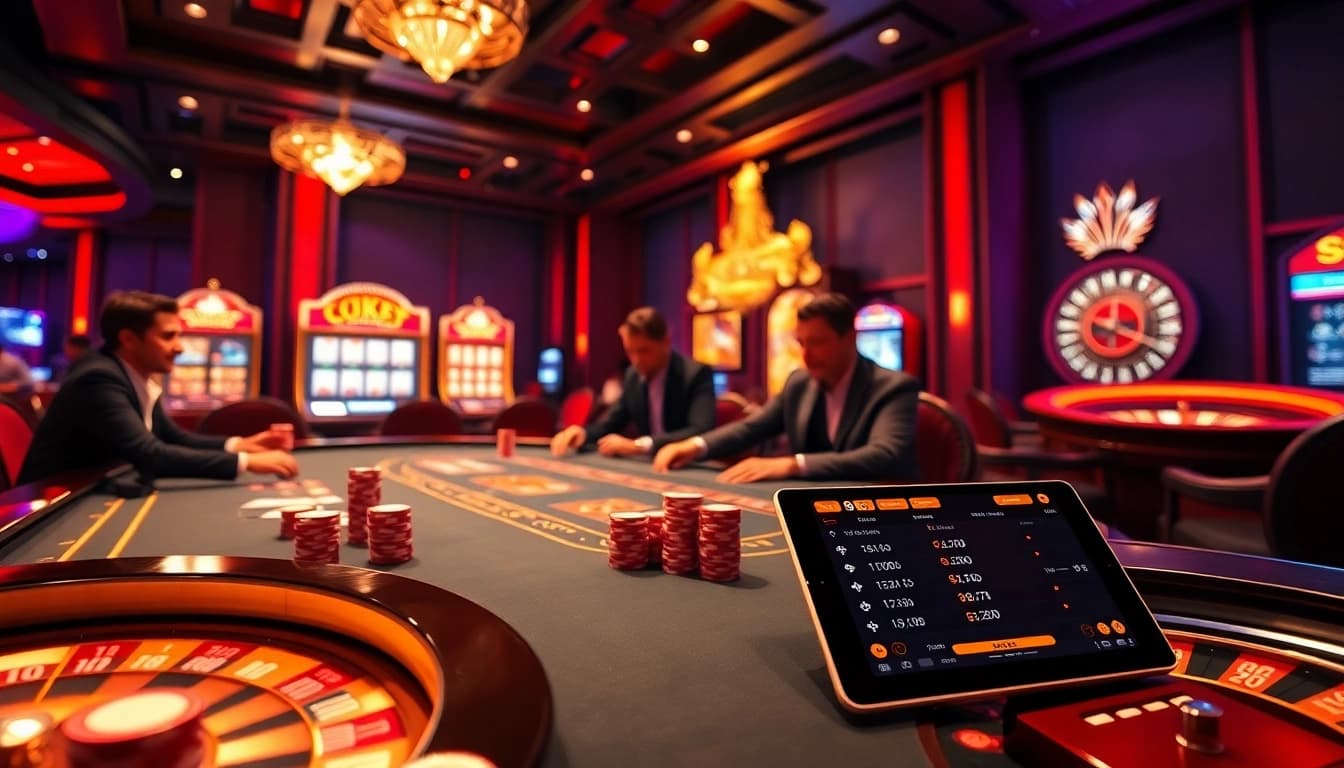 Players enjoying a thrilling poker game at a luxurious casino featuring 8kbet