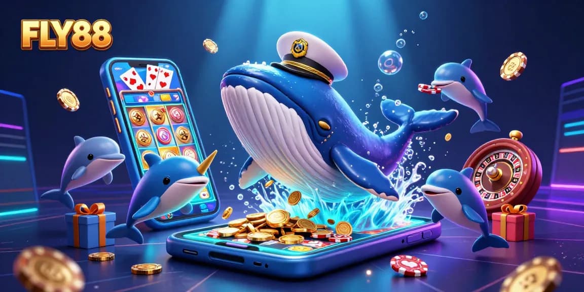 FLY88 enthusiasts play games with a cartoon whale and dolphins in a vibrant underwater casino scene.